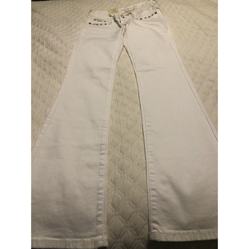 LA Idol Women Bootcut Jeans White Bold Stitch Stretch Flap Pocket & Rhinestones
